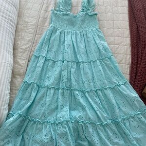 crown & ivy Tiered Eyelet Flutter Sleeve Blue Dress